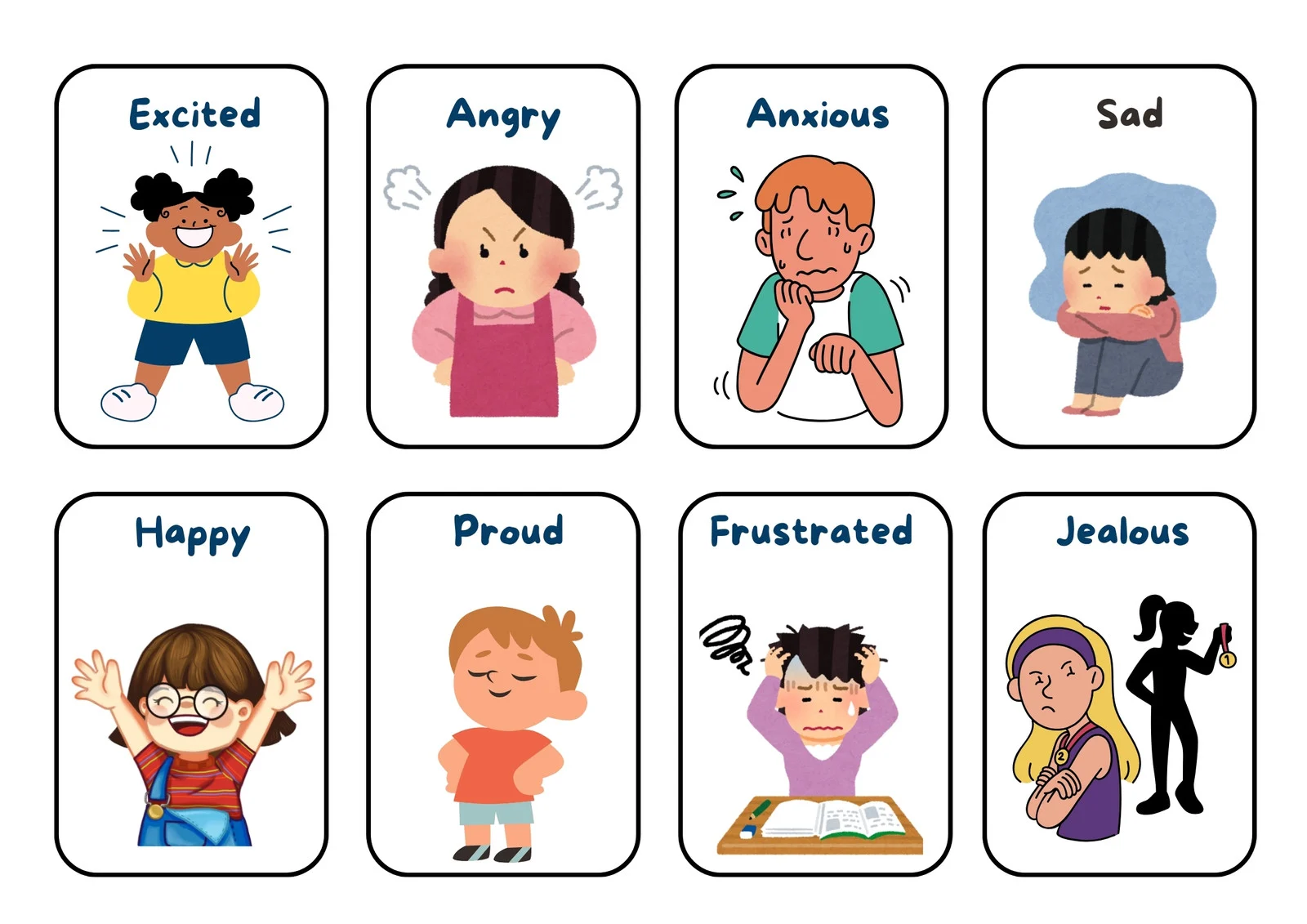Emotion cards showing sad, happy, angry and other feelings